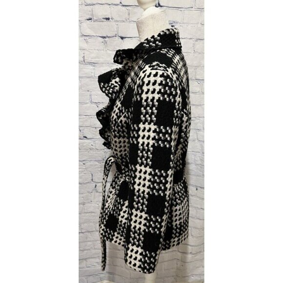 White House Black Market Coat Women Black White Belted Button Houndstooth Large - Picture 4 of 9